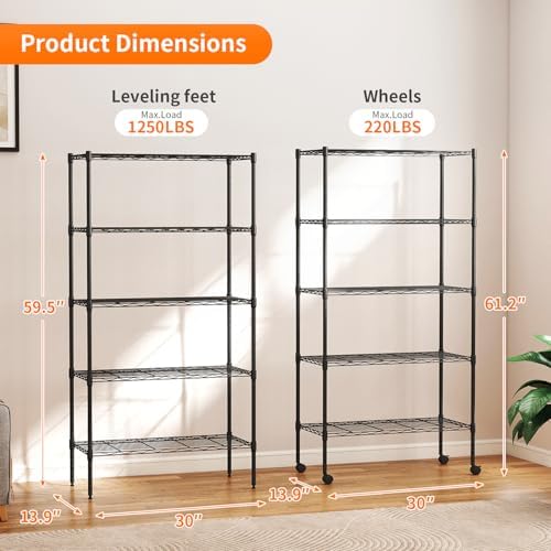 BestOffice | 5-Tier Wire Shelf with Wheels | 14" x 30" x 61" | Black - Image 3