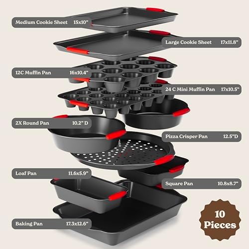 Country Kitchen Nonstick Stackable Bakeware Set - Heavy Duty, Durable, Easy Release Baking Set, Red, 10 Pcs - Image 2