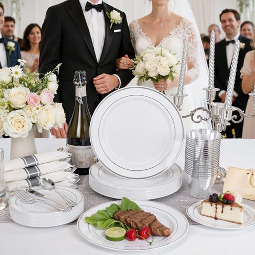 WDF Partyware 175PCS Sliver Plastic Plates - Silver Plates Disposable - White Plate with Silver Trim 25Guests Plastic Dinnerware Sets with Rolled Napkins for Wedding Baby Shower Spring Birthday - Image 5