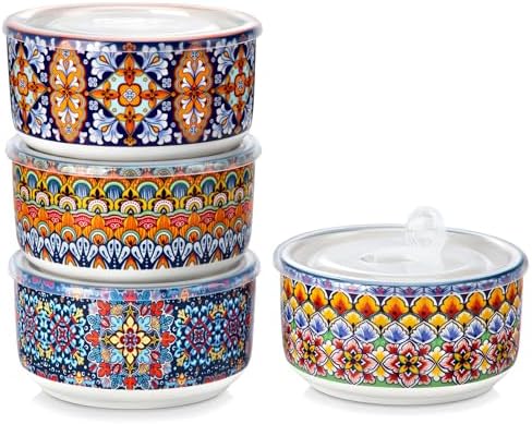 vancasso SIMI 36 oz Ceramic Bowls with Lids Set of 4,Bohemian Serving Bowl by vancasso
