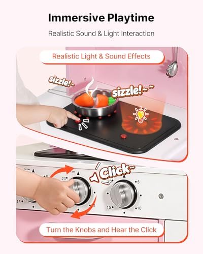 VEVOR Play Kitchen for Kids, Wooden Kids Kitchen Playset with Real Lights & Sounds, Food & Cookware, Pretend Play Toy Set, Microwave, Oven, Clicking Knobs, for Toddlers, Girls & Boys Ages 3-8, Pink - Image 4