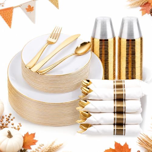 KIRE 175PCS Gold Plates Disposable - Heavy Duty White and Gold Plastic Plates Dinnerware Sets - 25 for Dinner 25 for Dessert 25 Pre Rolled Napkins and 25 Cups for Wedding/Party/Halloween/Thanksgiving by KIRE