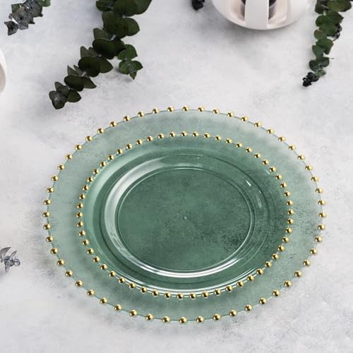 PLASTICPRO 32 Piece Combo Plastic Dinner Plates Disposable Plastic Fancy Heavy Duty Party Dishes 7 inch and 10 inch, Translucent Green and Gold Beaded - Image 2