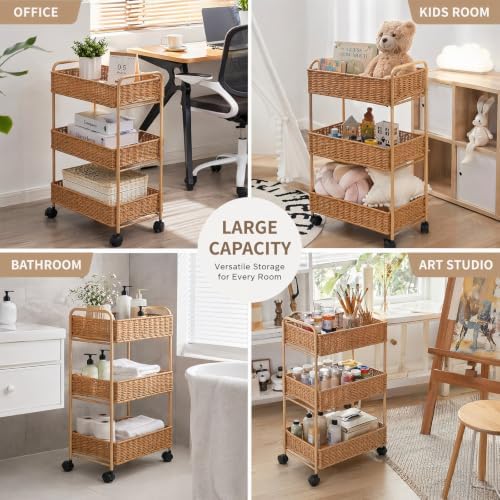 FOCHIER F Utility Storage Cart,3-Tier Rolling Kitchen Office Laundry Room Cart with Wheels,Mobile Shelving Unit Organizer for Living Room,Bathroom, Baby Diaper Cart,Art,Dining Room - Image 6
