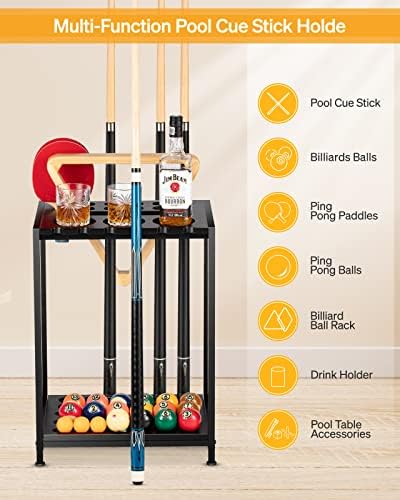 EXTCCT Pool Cue Rack Floor Stand, Metal & Wood, 12 Cues & Ping Pong, Black - Image 2