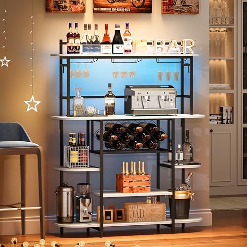 Wine Rack Table with RGB LED Lights, Home Bar Cabinet for Liquor and Glasses, Bar Stand for Living Room, Wood Wine Bar Table with Storage Shelves, Freestanding Bar for Apartment, 47.2" Rustic by Unknown