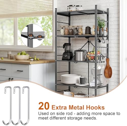 Himix 5-Tier Foldable Storage Shelves with 20 Hooks Wheels Grey Display - Image 3