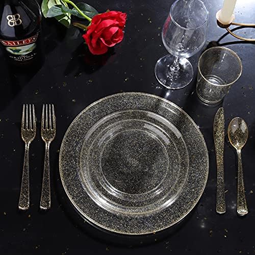 WELLIFE 175 Pieces Gold Glitter Plastic Plates with Silverware and Cups, Includes: 50 Plates, 50 Forks, 25 Knives,25 Spoons and 25 Cups for Party - Image 5