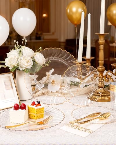YOUBET 175PCS Clear and Gold Scalloped Plastic Plates for Party Wedding - Image 5