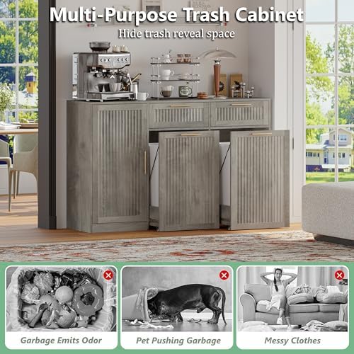 Double 13 Gallon Pull Out Trash Can Cabinet with Storage Cabinet,Wood Grey - Image 6