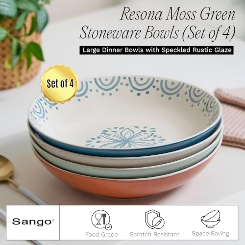 Sango 4-Piece Speckled Stoneware Pasta Bowl Set- Wide Shallow Dinner Bowls with Hand-Painted Rustic Design, Farmhouse Glossy Large Ceramic Bowls for Pasta, Salad & Everyday Meal, Siterra Glazed Garden - Image 3