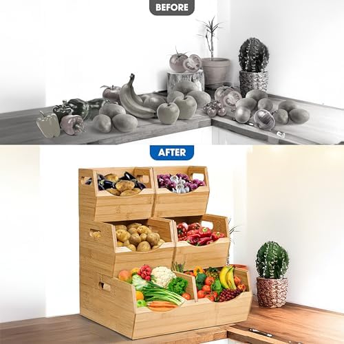 3-tier Stackable Bamboo Pantry Storage Bins, Potato & Onion Storage Baskets - Image 2