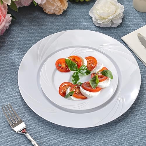 350-Piece White Swirls Plastic Dinnerware Set for 50 Guests, Elegant Disposable Dinnerware for Party, Wedding. Includes 10.25" Dinner Plates, 6.5" Dessert Plates, Silverware, Napkins, Cups - Image 5