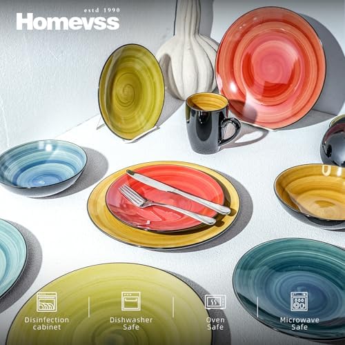 HomeVss, Stoneware Sonoma 16pc Dinnerware Set, Black + Speckled Spin Wash, Mix Blue, Green, Red, Yellow - Image 3