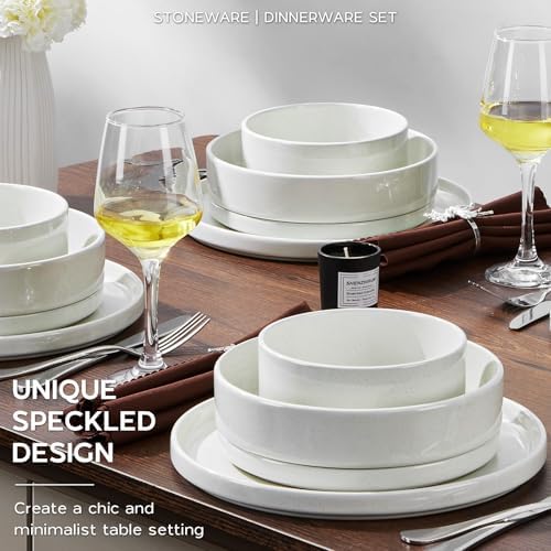 Stoneware Dinnerware Sets for 4 with Pasta Bowl, Onader 16 Piece Plates and Bowls Dish Set, Speckled Kitchen Dishware Dining Ware, Microwave & Dishwasher Safe - Cloud White - Image 5