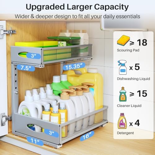 Under Sink Organizer, 2 Tier Pull Out Under Cabinet Organizer Shelf with Pad for Framed Cabinets, Metal Slide Out Under Sink Storage, Mesh Sliding Drawers for Kitchen Bathroom Laundry(Grey, 1 Pack) - Image 3