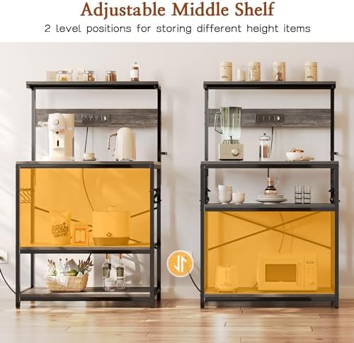 SUPERJARE Bakers Rack with Power Outlets, Microwave Stand, 31.5 X 16.5 Inch Larger Desktop, Kitchen Storage Rack with Adjustable Middle Shelf, 6 S-Shaped Hooks, Coffee Bar Stand, Grey - Image 5