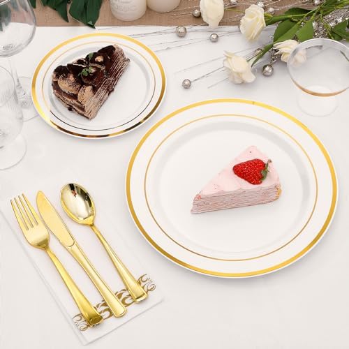 700-Piece Gold Rim Plastic Dinnerware Set for 100 Guests, Elegant Disposable Dinnerware for Party, Wedding. Includes Dinner Plates, Dessert Plates, Gold Silverware, Napkins, Cups - Image 4