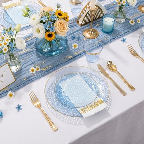 Rubtlamp 350 Pcs Clear Blue Plastic Plates, Blue Gold Plastic Dinnerware Set (50 Guests), Blue Disposable Plates With Gold Rim, Hammered Party Plates Set for Wedding And Party - Image 5