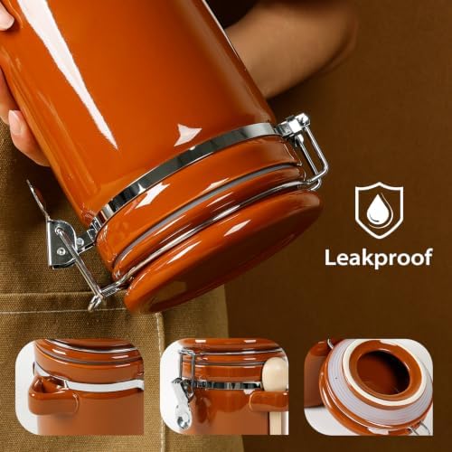 4 Piece Airtight Ceramic Canister Set With Attached Wooden Spoon Reusable Chalk Labels For Dry Goods Sugar Coffee Tea Kitchen Storage Use (Brown) - Image 6