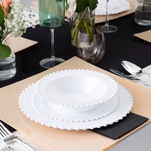 PLASTICPRO 32 Piece Plastic Dinner Plates Bowls Disposable Plastic Fancy Heavy Duty Party Dishes 12 oz White Bead Bowls - Image 2