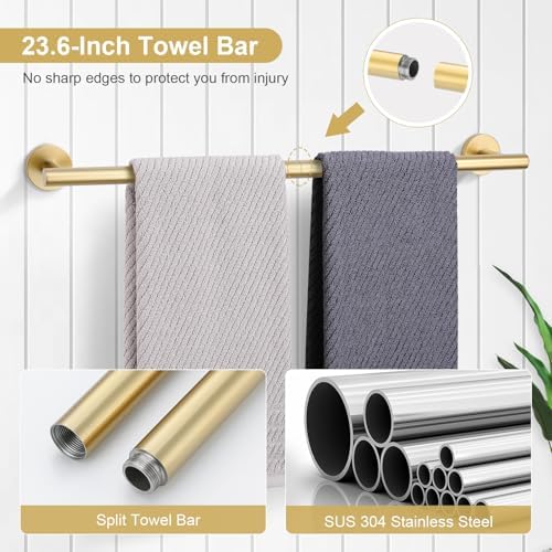 TQKAG 5 Piece Bathroom Accessories Set Brushed Gold Bathroom Hardware Set 23.6 Inch Bath Towel Bar Set SUS304 Stainless Steel Towel Rack Set - Image 2