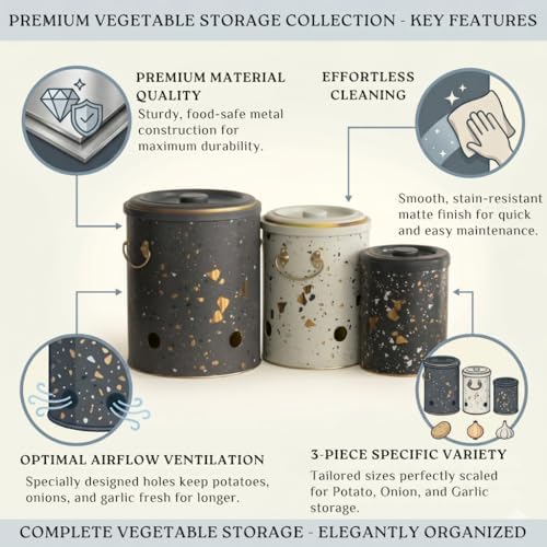 MARIA ROMA Metal Potato and Onion Storage Bin Set of 3 with Garlic Keeper - Vintage Metal Kitchen Canisters, Vegetable Storage Containers - Farmhouse Rustic Pantry Organization - Image 4