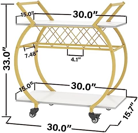 LVB Modern Bar Cart, Industrial Rolling Serving Wine Cart, White and Gold - Image 4