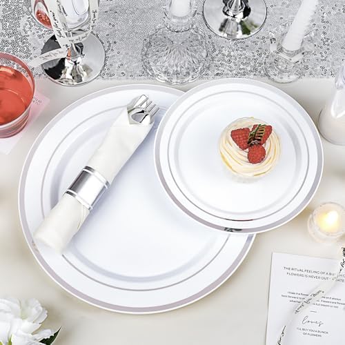 realluck 350 PCS White and Silver Plastic Dinnerware Set for 50 Guests, 100 Disposable Plates for Party, 50 Pre Rolled Napkins with Silver Silverware, 50 Cups - Image 3
