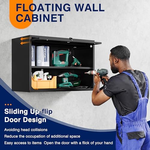 Yizosh Metal Garage Wall Cabinet with Doors and Shelves, Wall Mounted Metal Storage Cabinet, Floating Garage Tool Cabinet for Garage, Basement, Kitchen, Warehouse (Black, 21.6" H) - Image 4