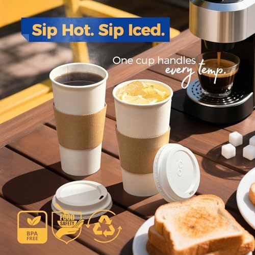 Fit Meal Prep 50 Pack 24 oz Disposable Coffee Cups with Lids, Sleeves, Leak-Proof To Go Coffee Cups with Lids, Durable Hot Paper Cups for Home, Office, Party, Business - Image 3