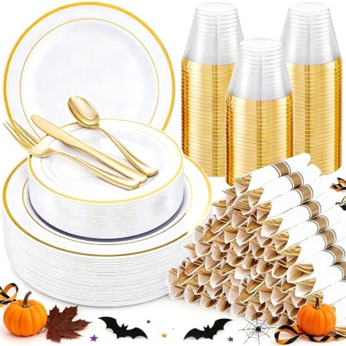 WELLIFE 700 Pcs Gold Plastic Plates for 100 Guests - Disposable Dinnerware Set,Party Supplies Includes 200 Gold Plates,300 Plastic Silverware,100 Napkins,100 Cups for Party and Wedding by WELLIFE