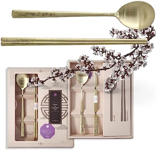 [5 Sets] [Made in Korea] Korean Sticky Rice Spoon Chopsticks Set Gold Titanium Plating 304 Stainless Steel Tableware Cutlery Set Mukbang Chopsticks (Korean Apricot Blossom TITANIUM, 5 Sets) by KoreanPremiumKitchenware