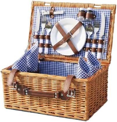 Multifunctional Wicker Picnic Basket Set for 4 Adults with Blue Blankets by OrgaNatureQueen