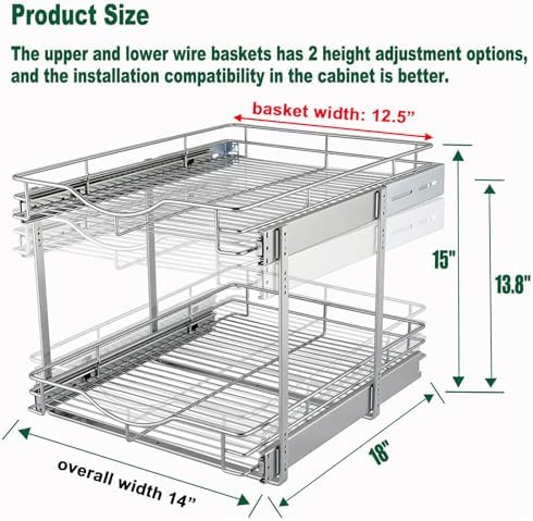 DINDON 2 Tier Pull Out Cabinet Organizer (14" W X 18" D), Double Tier Wire Basket Slide Out Shelf Storage for Kitchen Base Cabinet Organization ​for Kitchen, Pantry, Bathroom, Chrome - Image 2