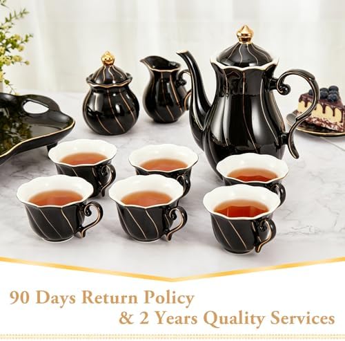 DUJUST 14 pcs Tea Set of 6 with Tea Tray & Spoons, Modern Diamond Design Tea/Coffee Cup Set with Golden Trim, Chic Porcelain Living Room Decor, Fine-china Teapot/Tea Party Set, Gift Package - Black - Image 6