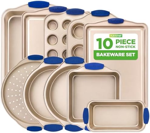 NutriChef Kitchen Oven Baking Pans - Deluxe Nonstick Gold Coating Inside & Outside Carbon Steel Bakeware Set With Blue Silicone Handles, Durable & Reliable Cookie Sheet Oven Pan Style by NutriChef%E2%84%A2Kitchen
