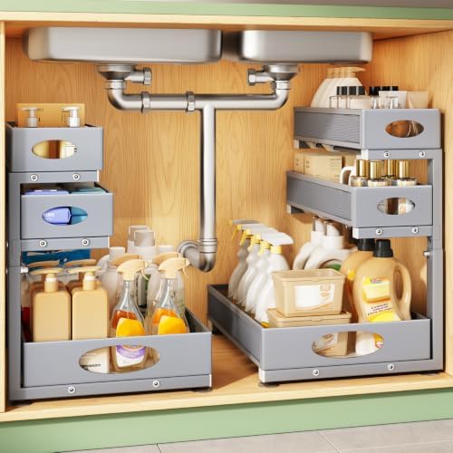 Kitstorack Under Sink Organizer 3-Tier Slide Out Drawer 2-Pack Grey by Kitstorack
