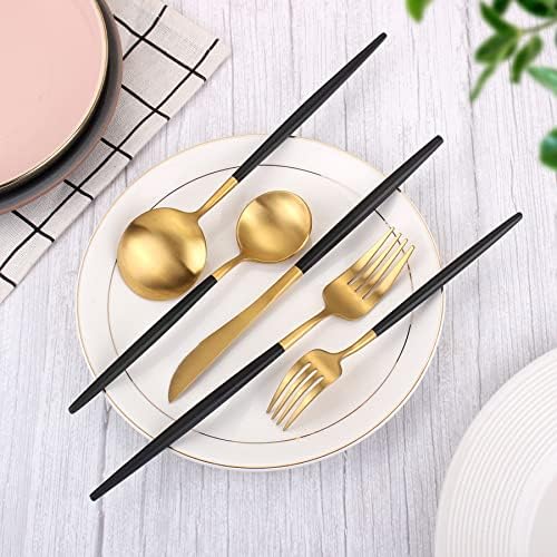 Matte Gold Silverware Set With Black Handle, IBIILII JEFF 40 Pieces Stainless Steel Flatware Set For 8，Kitchen Utensil Set, Tableware Cutlery Set, Knife Spoons And Forks Set, Dishwasher Safe - Image 3
