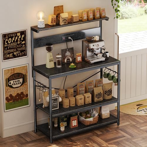 SUPERJARE Bakers Rack with Power Outlets, Microwave Stand, 39.4 X 14.3 Inch Larger Desktop, Kitchen Storage Rack with Adjustable Middle Shelf, 6 S-Shaped Hooks, Coffee Bar Stand, Black - Image 6