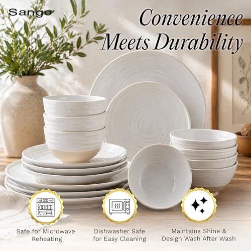 Sango Siterra 16-Piece Rustic White Stoneware Dinnerware Set – Service for 4, White with Glossy Speckle Overlay, for Everyday Dining & Entertainment, Microwave & Dishwasher Safe - Image 4