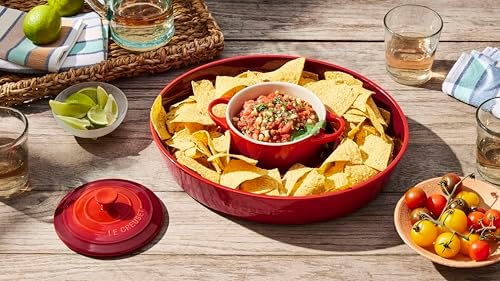 Le Creuset Stoneware Signature Oval Chip and Dip Platter, 13", Cerise - Image 6