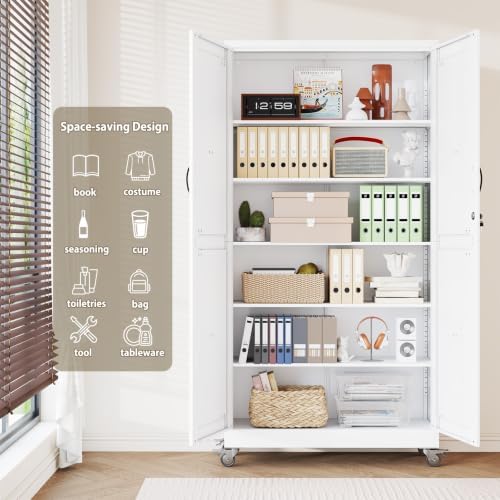Metal Storage Cabinets with Wheels, Steel Tool Cabinets Lock Door and 5 Adjustable Shelves for Home Office, Garage, Kitchen (White, 78.7" H) - Image 5