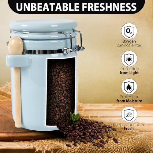 4 Piece Airtight Ceramic Canister Set With Attached Wooden Spoon Reusable Chalk Labels For Dry Goods Sugar Coffee Tea Kitchen Storage Use (LightBlue) - Image 5