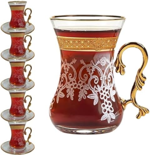 Gold Vintage Turkish Moroccan Persian Arabic Tea Glasses Cups and Saucers Set of 6 Drinking Glassware Party Adults Fancy Coffee Drinks Kettle Women Teacup Handle Drinkware Teapot by Vissmartabringslifetoyourhome