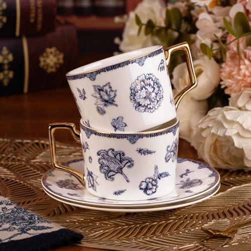KAMMAK Tea Cups and Saucers Set of 2, Fine Bone China Coffee Cups, 571N - Image 4