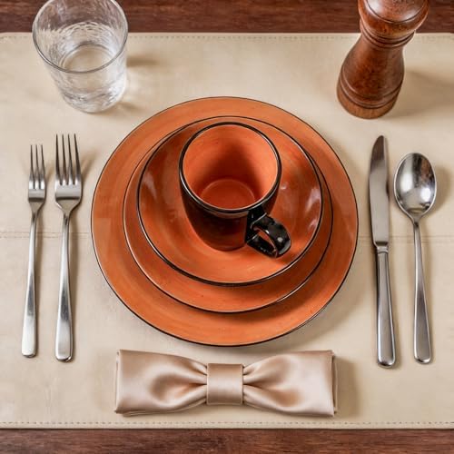 HomeVss, Stoneware Sonoma Dinnerware Set, Black + Speckled Spin Wash (56pc Set, Orange) - Image 4