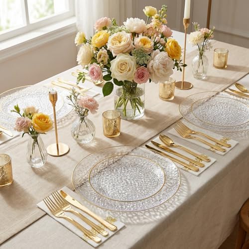 Rubtlamp 350 Pcs Clear Gold Plastic Plates, Hammered Disposable Dinnerware, Clear-Gold Plates Set Include 100 Plastic Platos, 150 Gold Disposable Silverware, 50 Cups And 50 Napkins for Party - Image 4