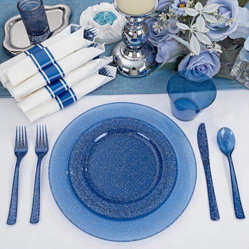 DaYammi 350PCS Cobalt Blue Glitter Plastic Dinnerware Set for 50 Guests - Image 4