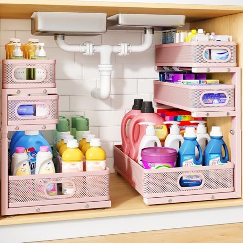 Under Sink Organizer, 3-Tier Thickened Metal Pull out Cabinet Organizer Shelf, Height Adjustable Slide out Storage Drawer Rack for Kitchen Bathroom Pantry Laundry Home Organization, 2-Pack, Pink by HERJOY